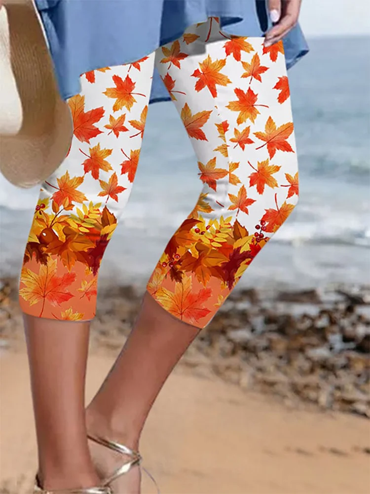 Autumn Maple Leaf Ladies Print Cropped Pants