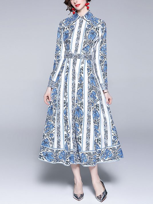 Lapel long-sleeved blue&white porcelain print dress
