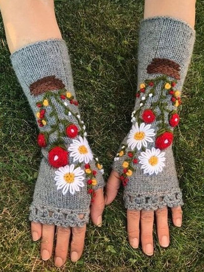 New embroidered knitted small red flower women's warm gloves