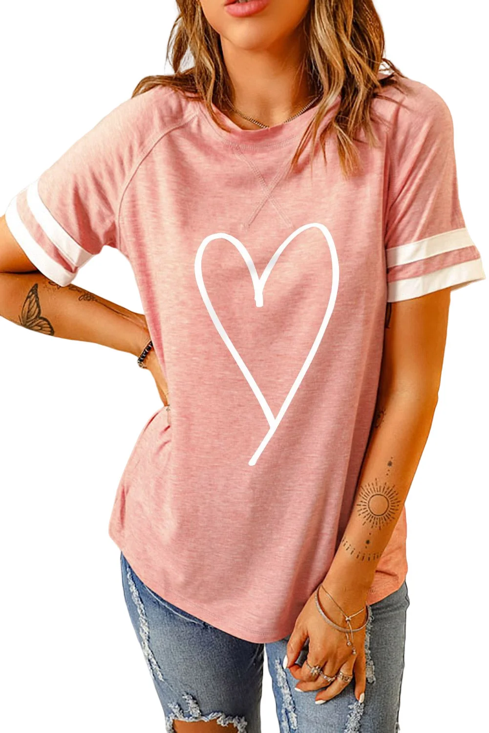 Pink Sketch Heart Print Striped Short Sleeve Tee