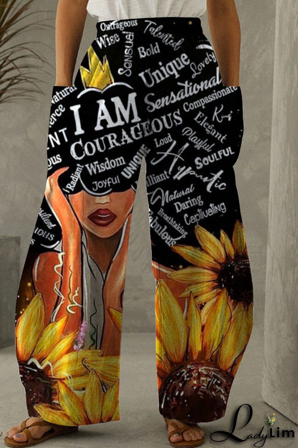 Black Brown Fashion Casual Print Patchwork Pocket Regular High Waist Trousers