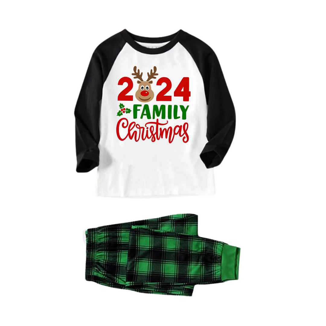 "2024 Family Christmas" and Deer Printed Green and Black Plaid Christmas Family Pajamas
