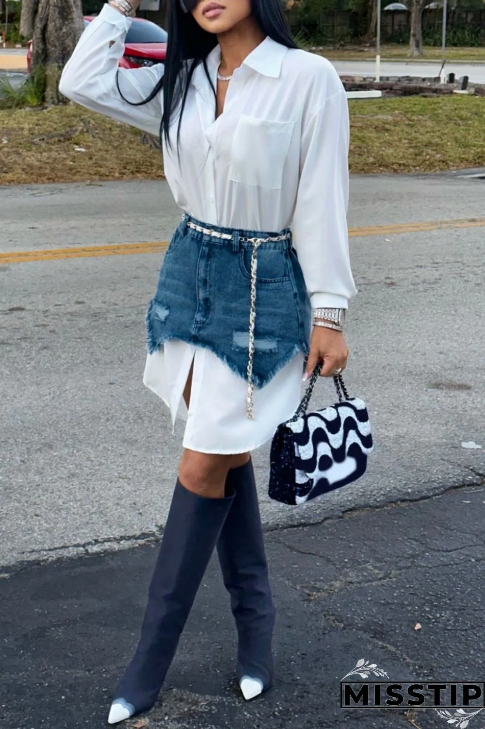 Black Casual Solid Ripped Turndown Collar Long Sleeve Two Pieces