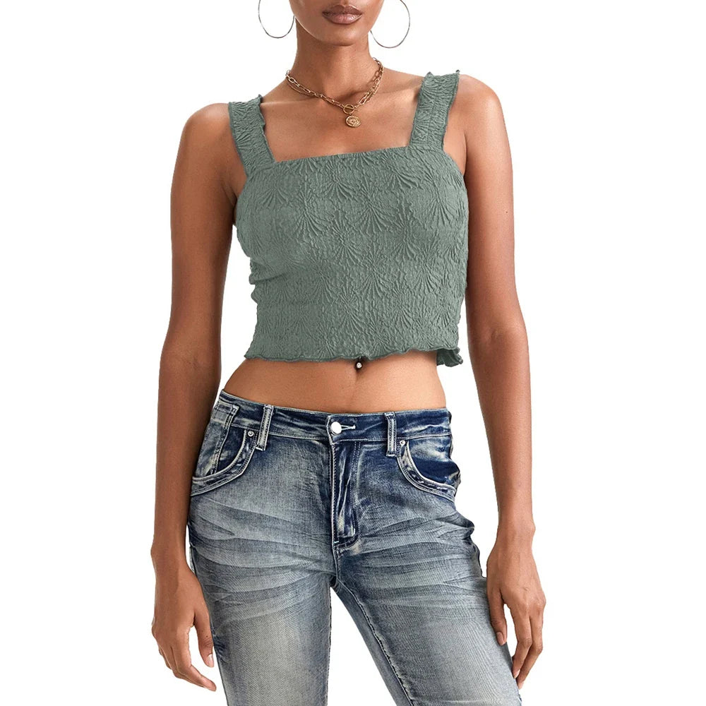 Llyge Women's Summer Y2K Kawaii Cute Solid Color Floral Ruffled Hem Sleeveless Square Neck Slim Fit Textured Tank Crop Tops llyge