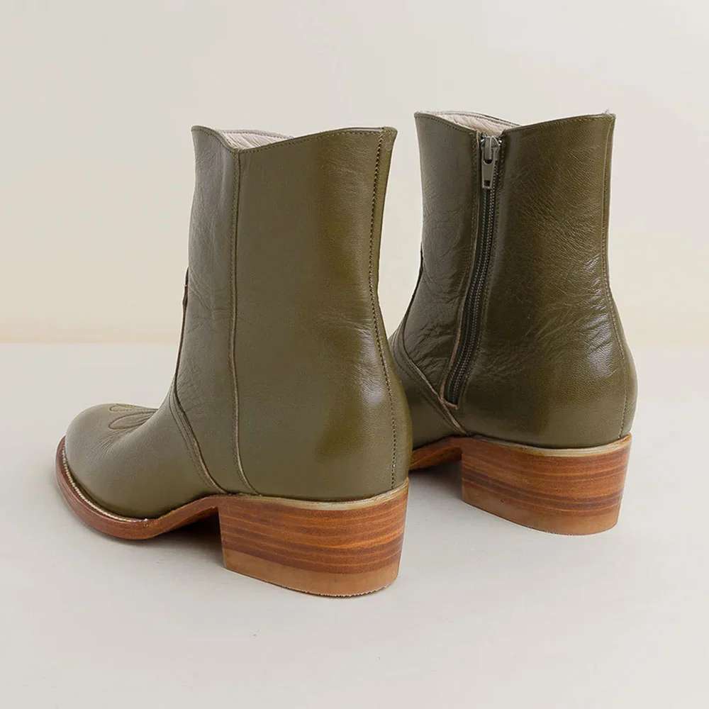 Olive Closed Toe Zipper Embroidered Ankle Cowgirl Boots for Women