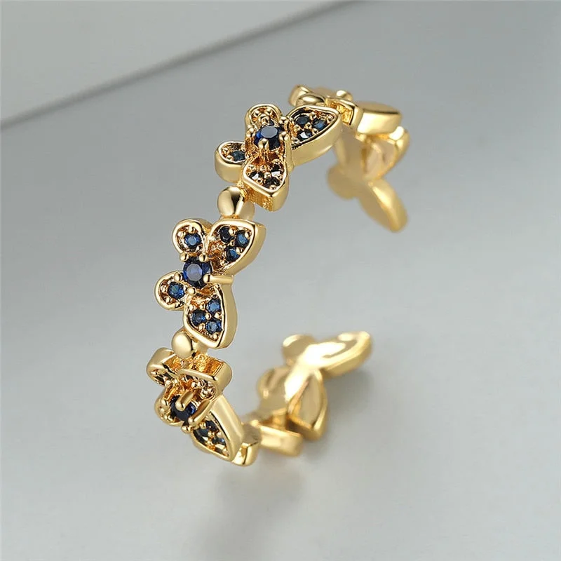 Luxury Female Stone Adjustable Ring Classic Yellow Gold Color Engagement Ring Butterfly Blue Crystal Wedding Rings For Women