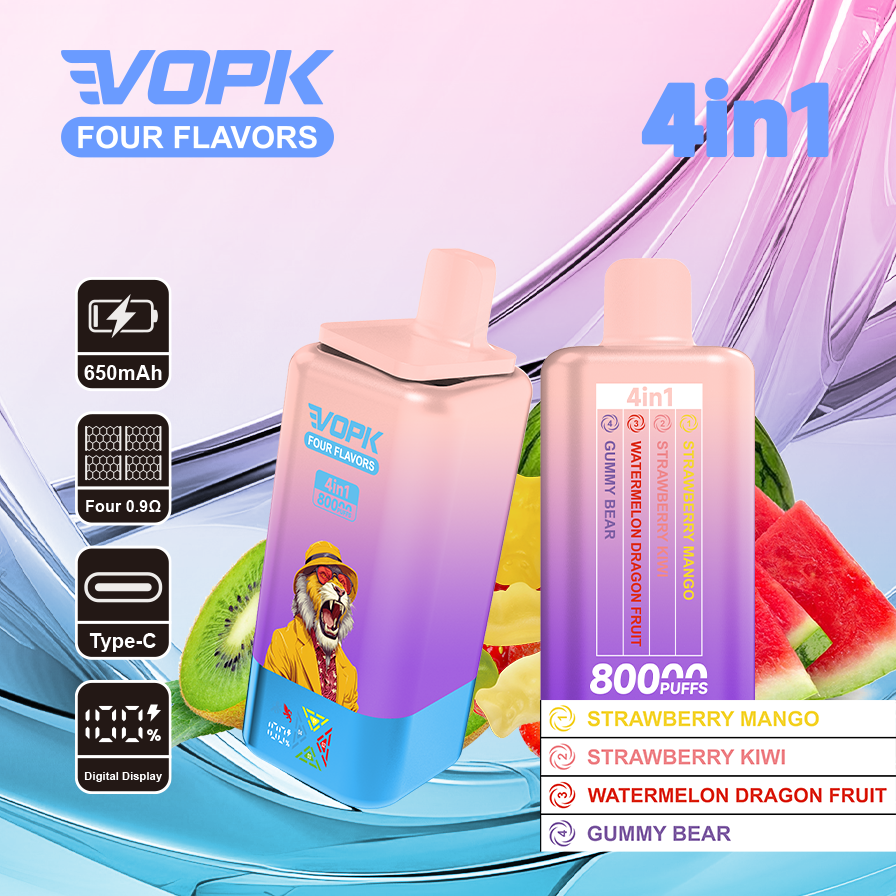 vopk 4 in 1 80k rechargeable disposable vape Strawberry banana & Pineapple coconut ice & Mango peach apricot & Aloe mango melon