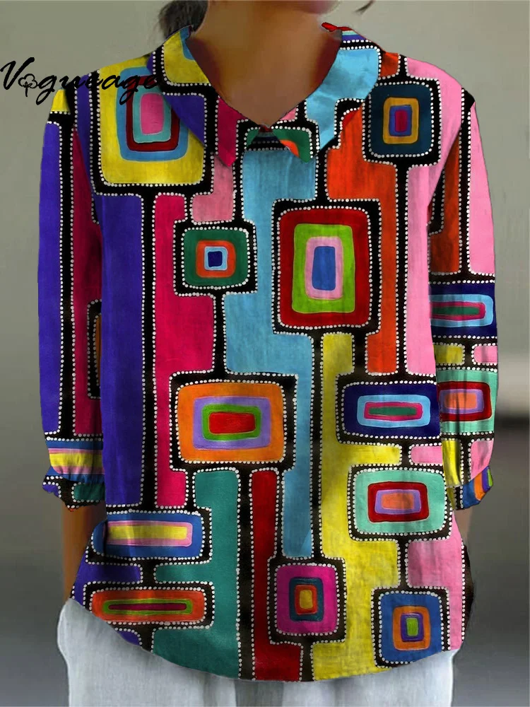Fashion Colorful Block Puzzle Printed Cotton And Linen Women Shirt
