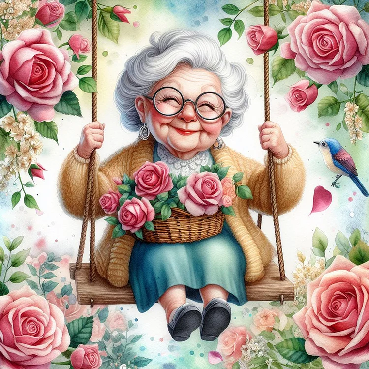 Full Round Diamond Painting - Happy Old Lady On Swing 30*30CM