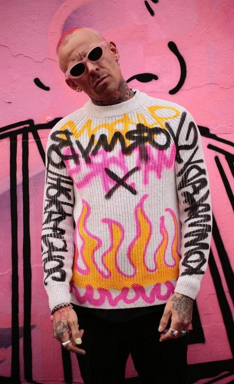 Graffiti Style Crew Neck Men's Pullover Sweaters-VESSFUL