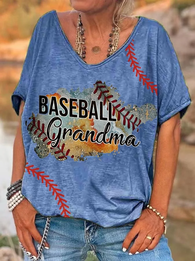 V-Neck Baseball Grandma Print T-Shirt socialshop