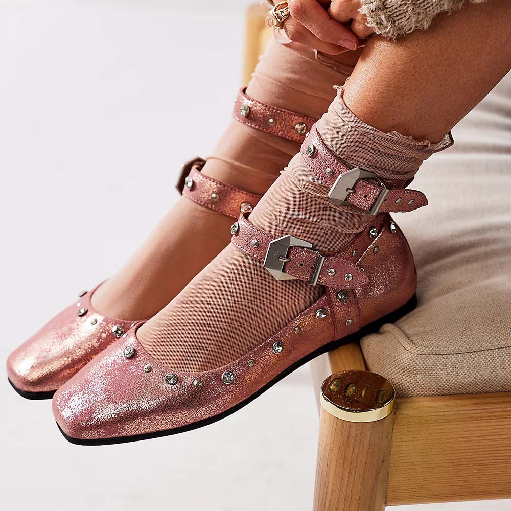 Pink Glitter Round Toe Strappy Ballet Flats Nicepairs
