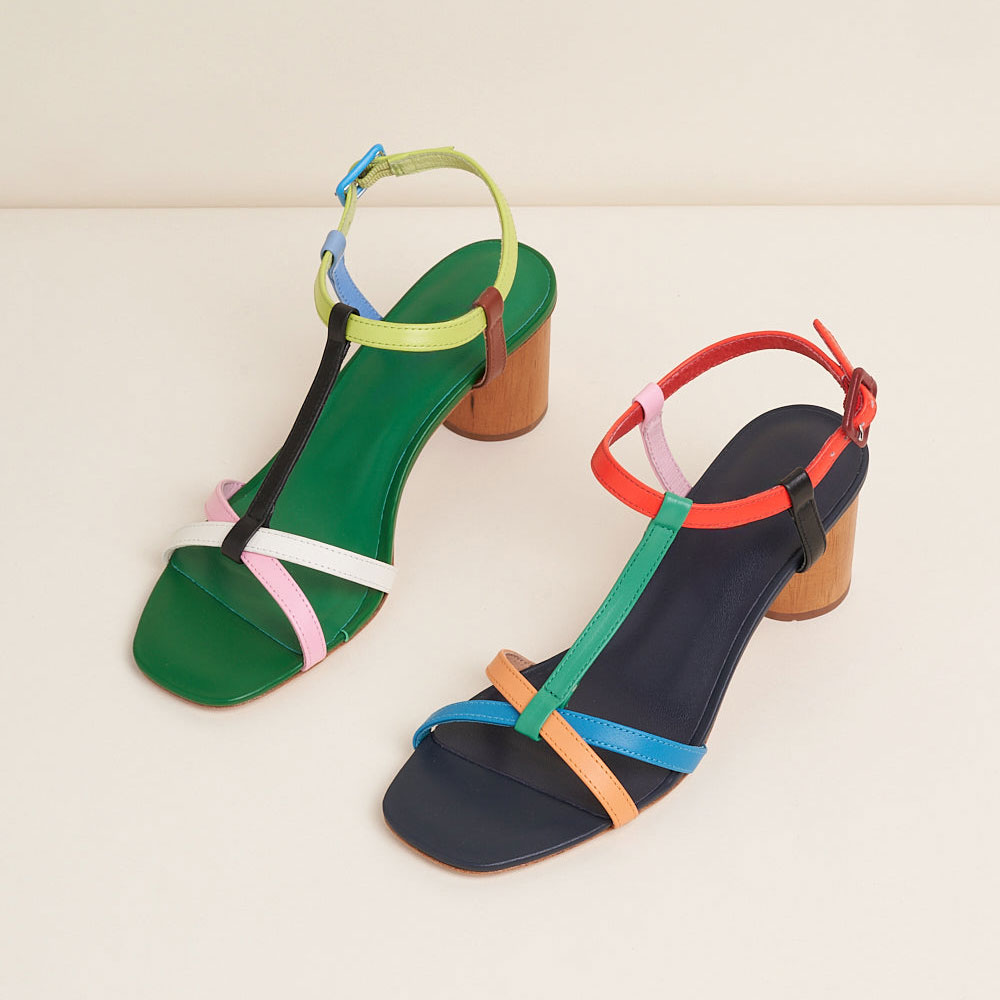 Colorful Square Toe Ankle Strap Block High Heels Sandals for Women Nicepairs