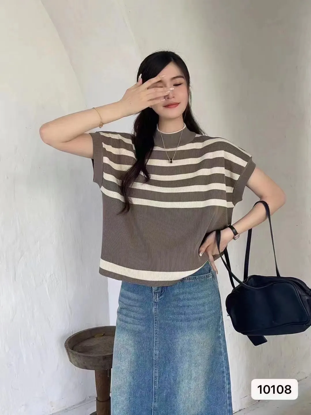 Uveng Uveng Striped Blouse Summer New Campus Style Design Small Relaxed Leisure Wind Shoulder Dress Woman