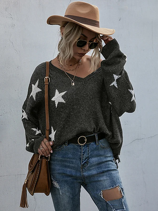 Casual Loose Patchwork V-Neck Sweater Top