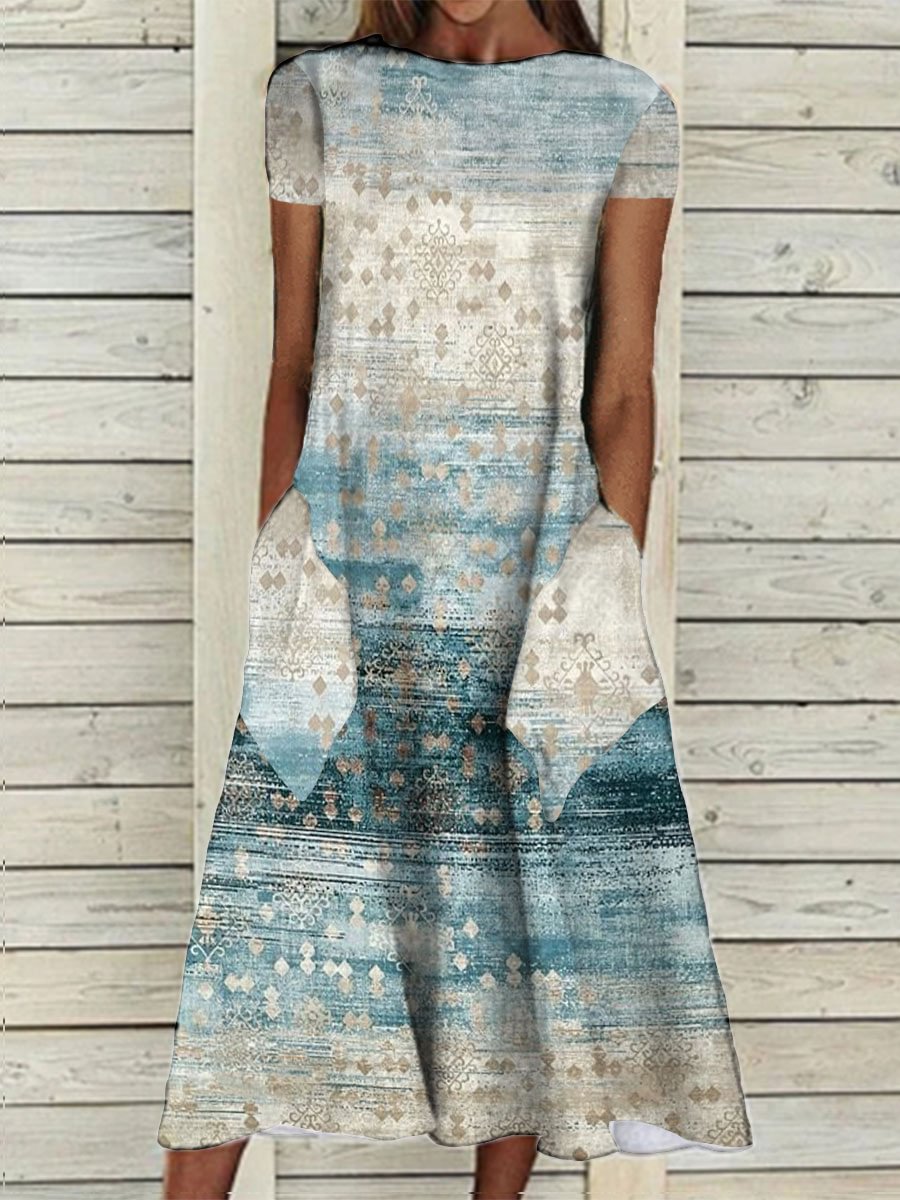 Round Neck Retro Print Casual Loose Short Sleeve Midi Dress