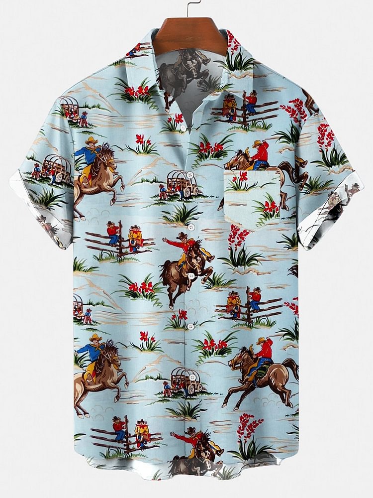 Men's Retro Cowboy Horse Style Lover Pocket Equestrian Casual Loose Comfortable Shirt