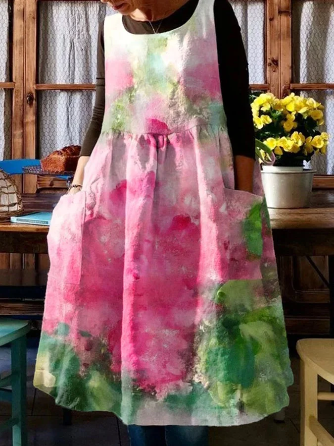 Vintage Oil Painting Floral Gradient With Pocket Print Dress
