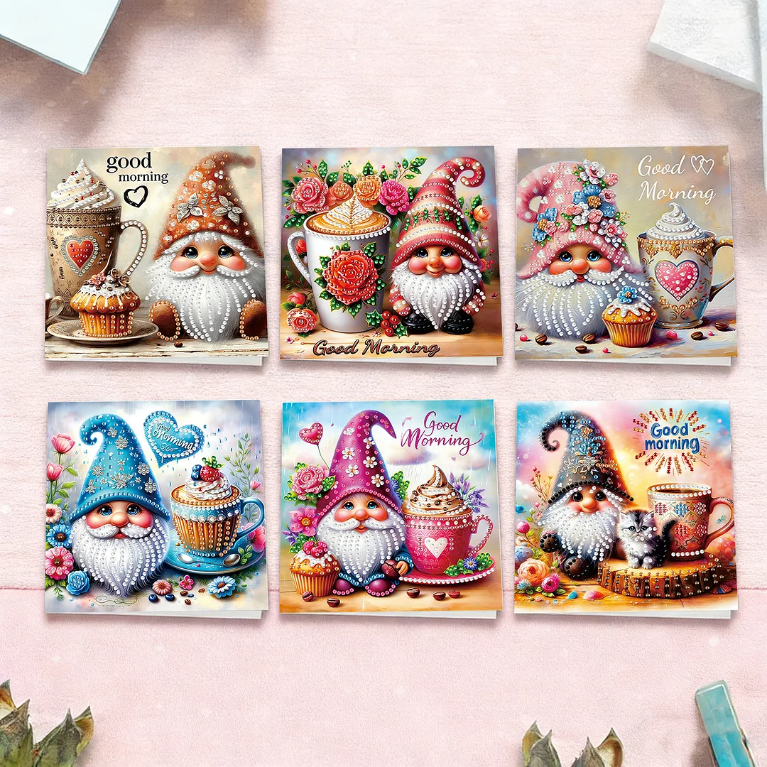 6pcs Good Morning Goblin DIY Diamond Painting Kit Greeting Card with Envelope Diamond Art Painting Greeting Cards for Family Friends Holiday Gift Congratulations