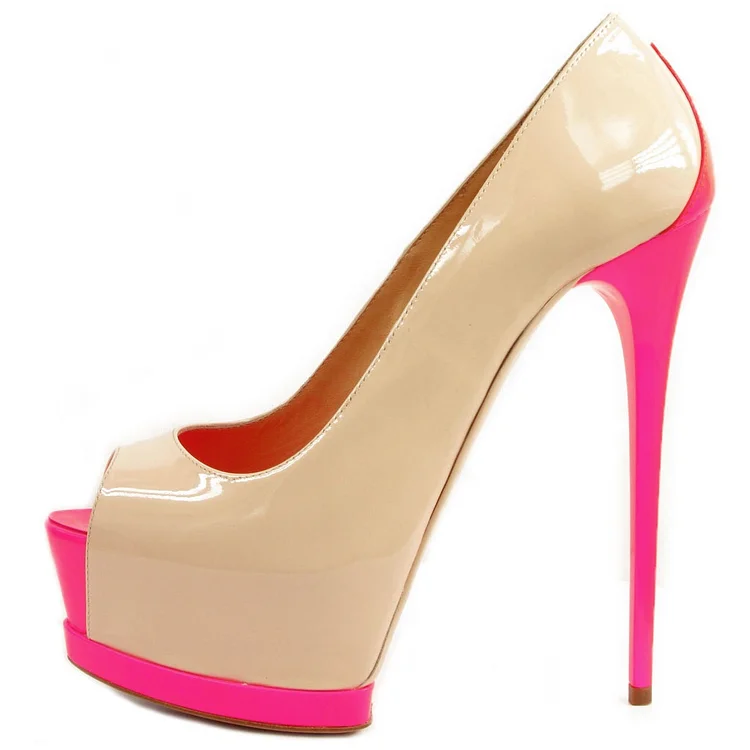 Nude and Pink Patent Leather Platform Heels Stiletto Heel Pumps |FSJ Shoes