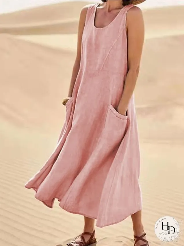 Casual Dress Cotton Dress Shift Dress Midi Dress Blue Pink Khaki Sleeveless Pure Color Pocket Spring Summer Crew Neck Basic Daily Vacation Weekend Loose Fit S M L XL XXL for Women