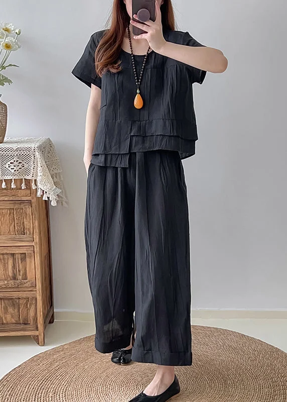 Style Black Asymmetrical Wrinkled Linen 2 Piece Outfit Summer