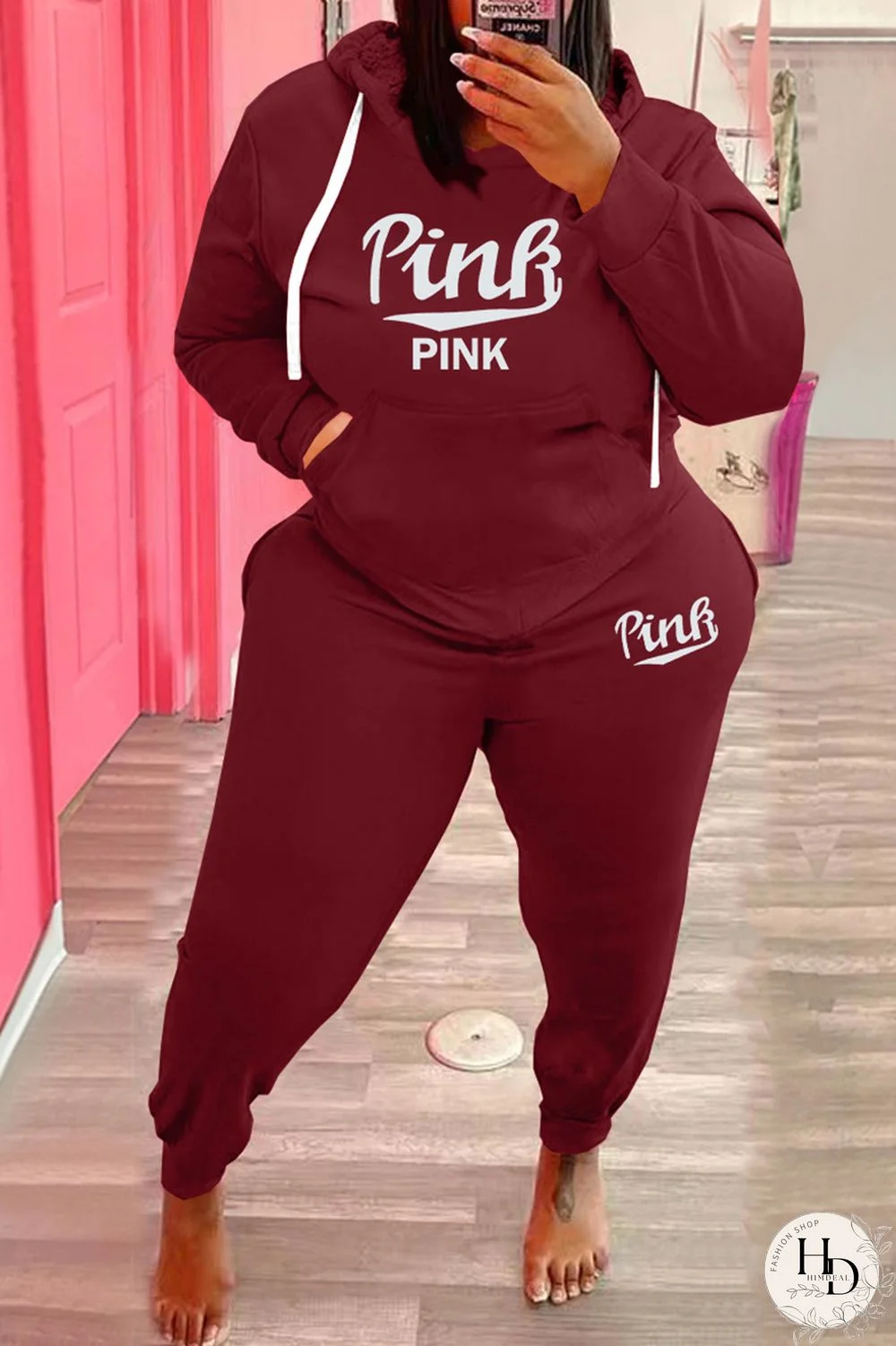 Black Fashion Casual Letter Print Basic Hooded Collar Plus Size Two Pieces