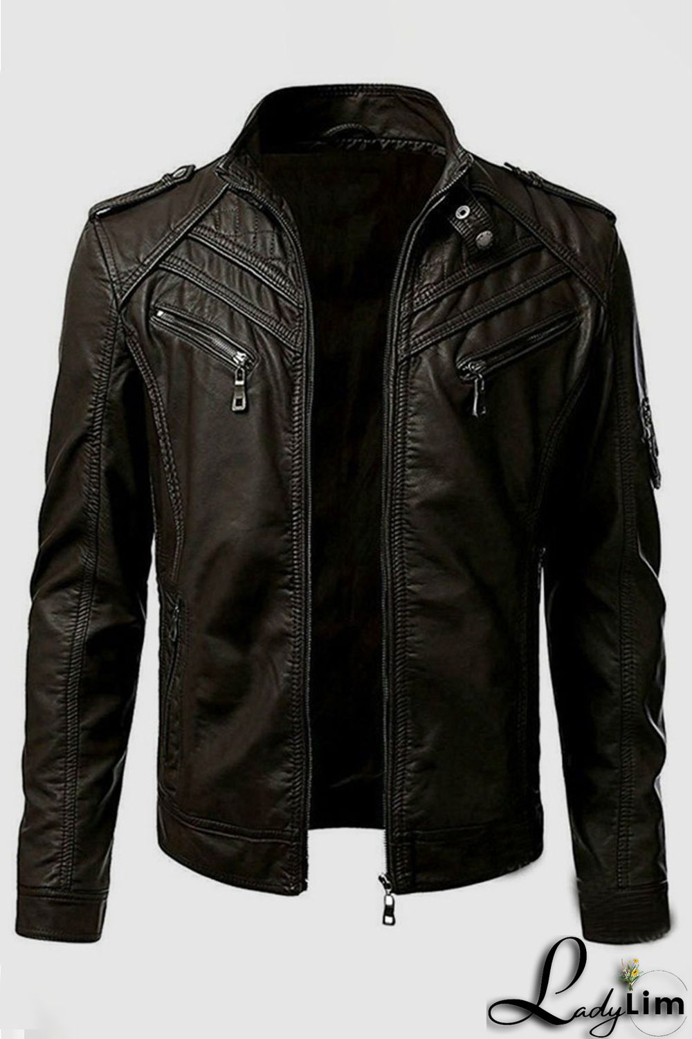 Burgundy Casual Solid Split Joint Zipper Mandarin Collar Outerwear