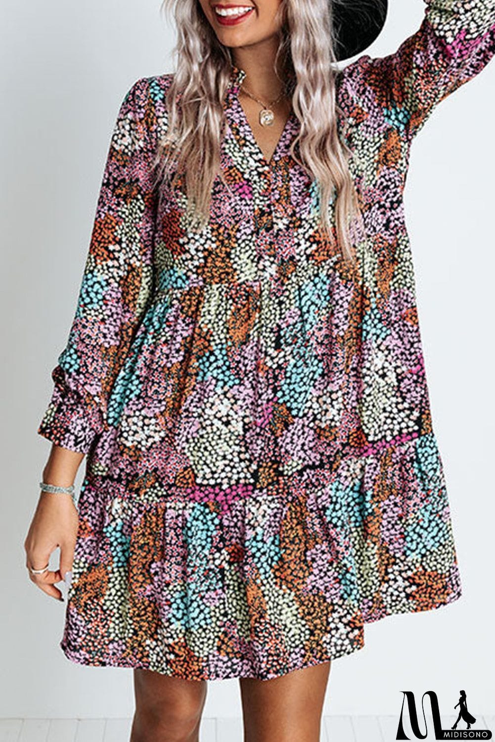 MidiSono - color Floral Print High Waist V Neck Shirt Dress