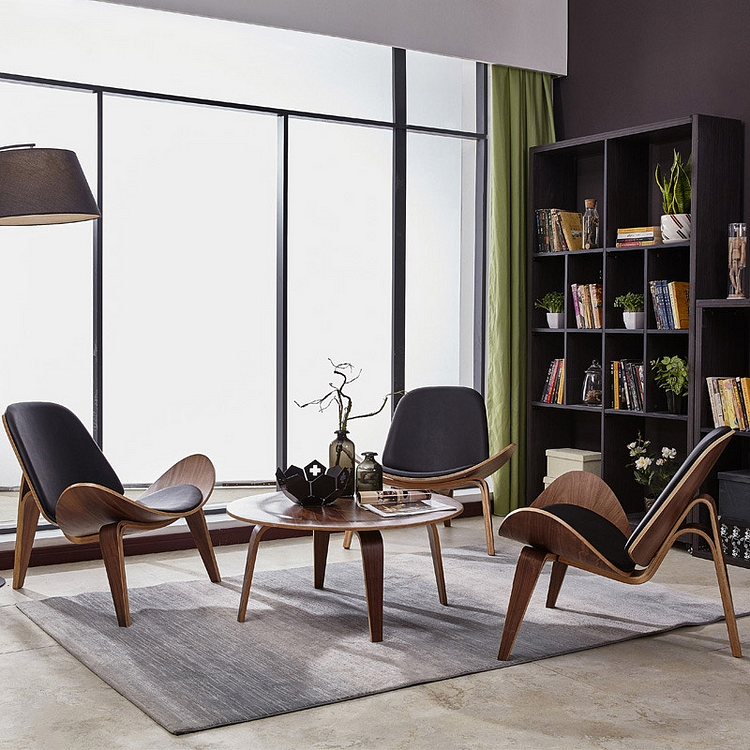 Modern Tripod Black Leather Lounge Chair with Single Side in Walnut