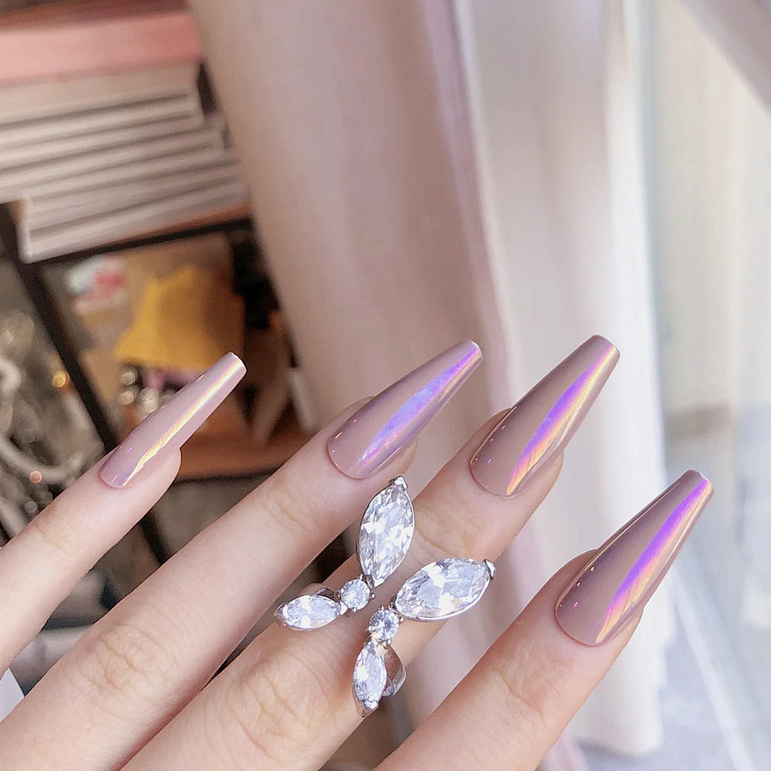 Ballerina Coffin False Nails Chrome Lavender Purple Press On Fingernails Fake Nails Extra Long Ladies Designed Tips for Finger-Nail Inspo