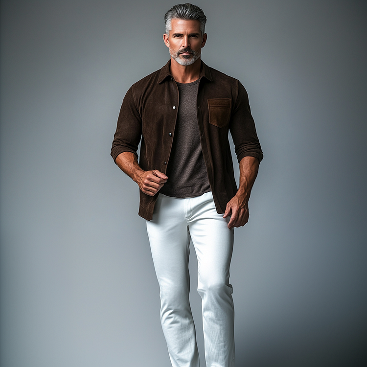 Mens Casual Suede Chest Pocket Single Breasted Long Sleeve Shirt-inspireuse