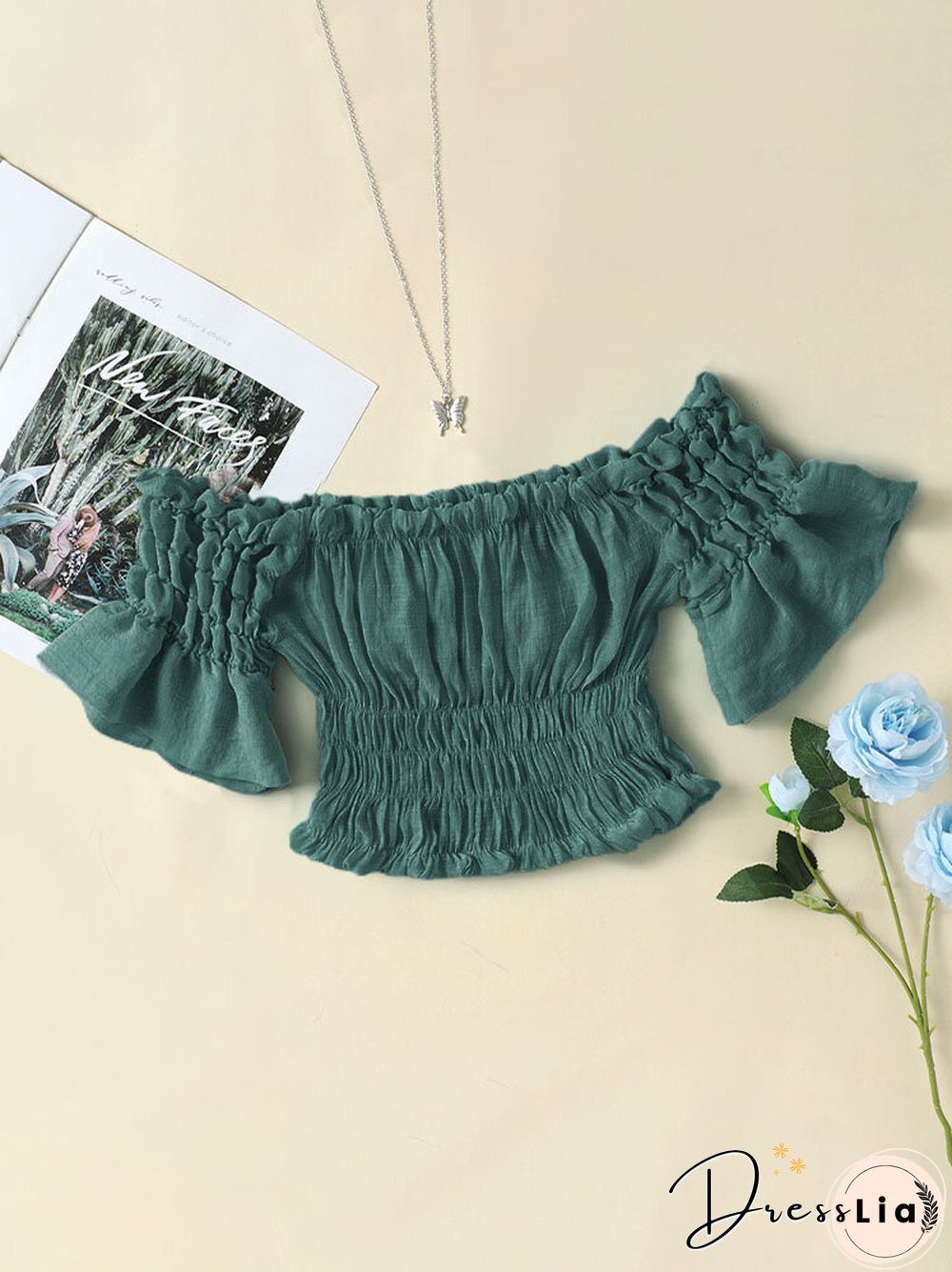 Solid Elastic Waist Bell Sleeve Off Shoulder Crop Top