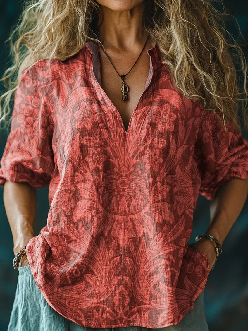 Women's Retro Flowers Print Casual Linen V-neck Shirt