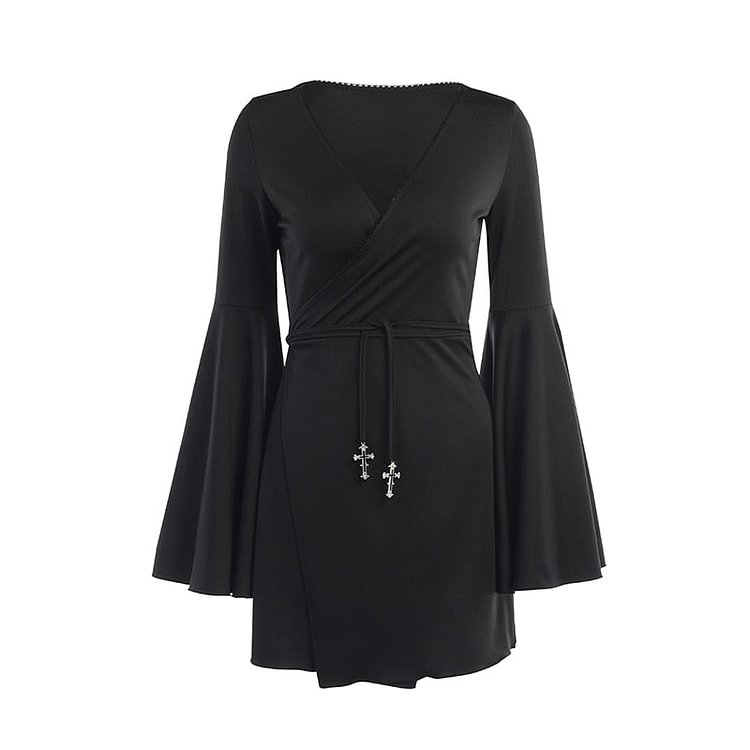 InsDoit Women Gothic Flare Sleeve Sashes Dress V-neck Aesthetic Autumn Black Mini Dress Harajuku Elegant Party Sexy A-LINE Dress