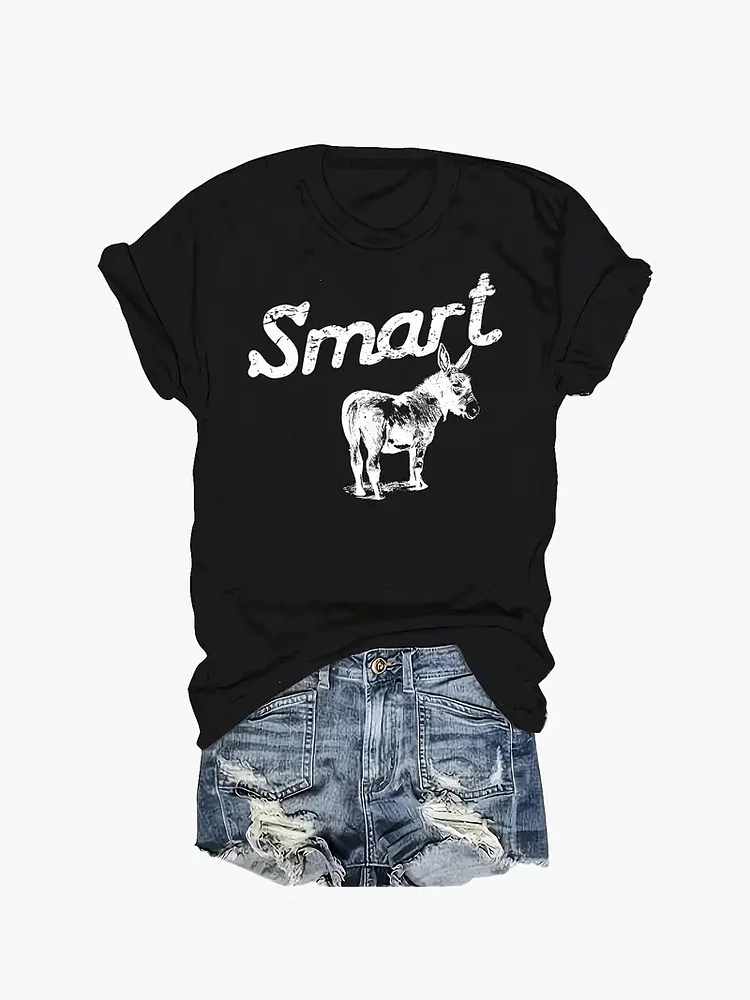 Vintage Fashion Smart Donkey&Chicken&Cow&Alpaca Print T-Shirt Short Sleeve Round Neck Trendy Casual Wear