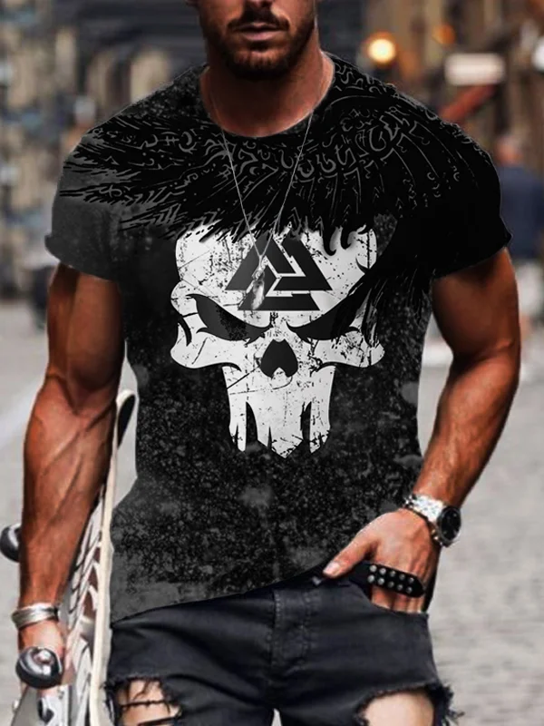 Broswear Men's Viking Skull And Eagle Washed Distressed Print T-Shirt