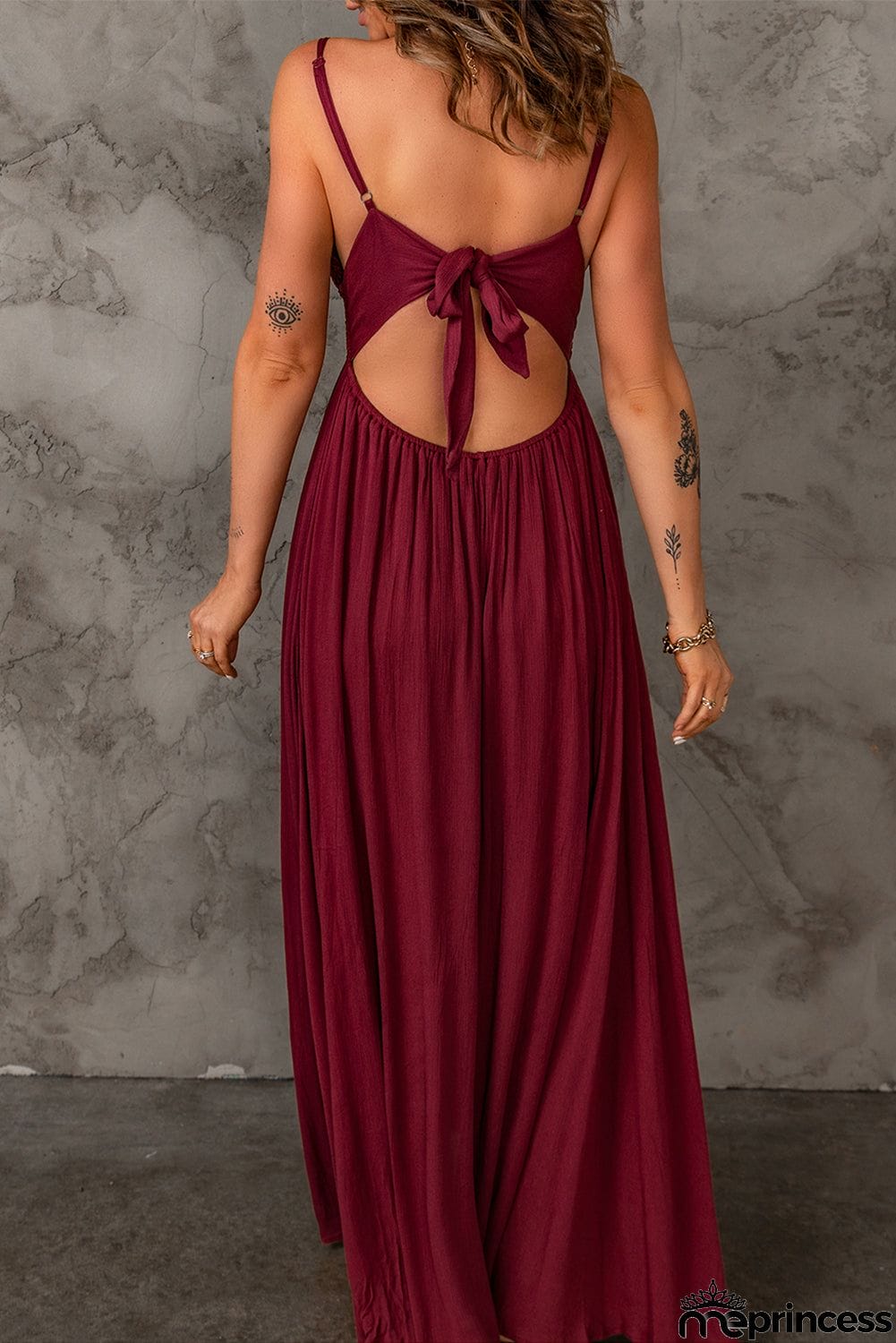 Lace Crochet Bow Knot Backless High Waist Maxi Dress