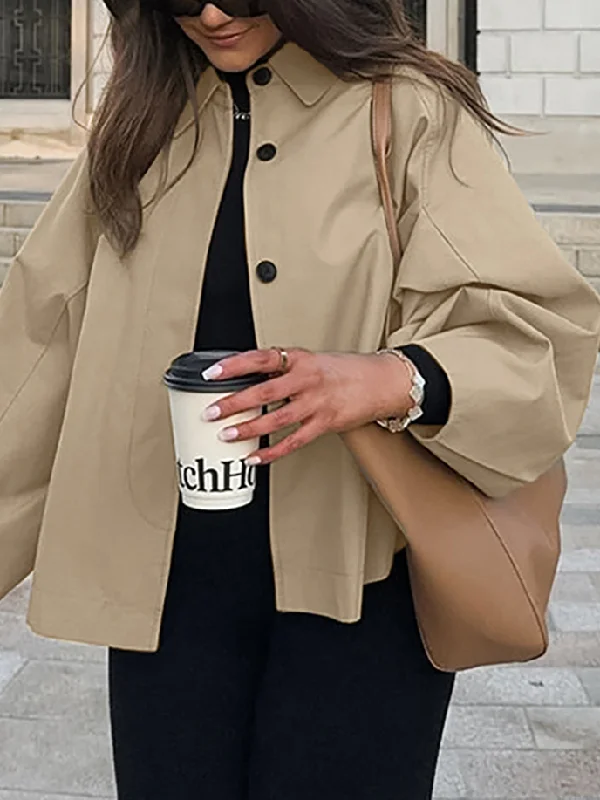 Buttoned Pockets Long Sleeves Loose Lapel Trench Coats Outerwear