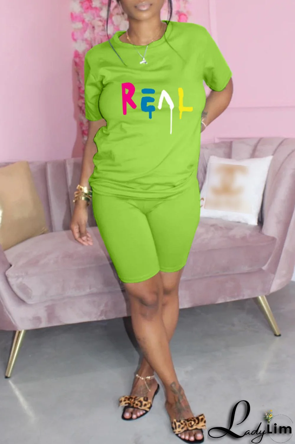 Yellow Fashion Casual Print Basic O Neck Short Sleeve Two Pieces