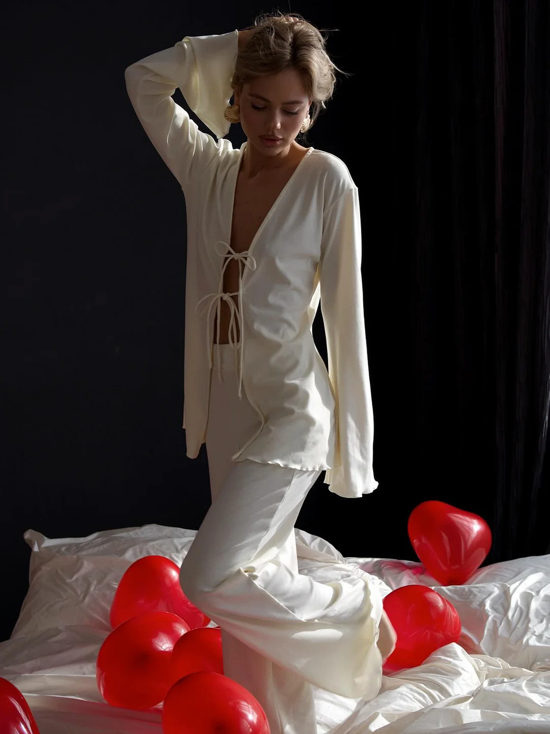 Athvotar Athvotar Casual Light And Thin Tight With Horn Sleeves Loose Waist Straight Trousers Knitting Set Spring And Autumn