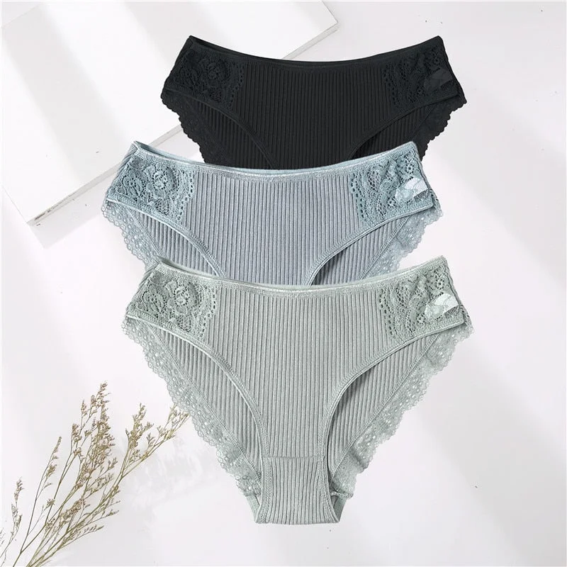 FINETOO 3PCS/Set M-XXL Cotton Underwear Women's Panties Comfort Underpants Floral Lace Briefs For Woman Sexy Low-Rise Intimates
