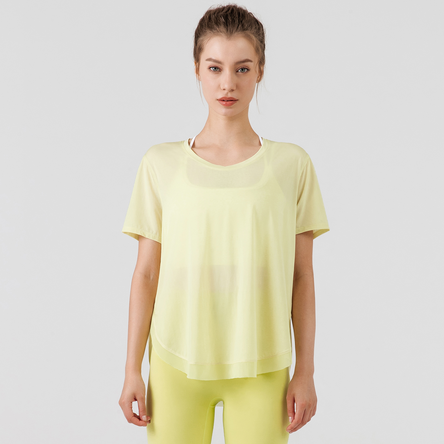 Buy short sleeve v sided split mesh breathable loose sports running t-shirt of high quality on Hergymclothing Mist Green 