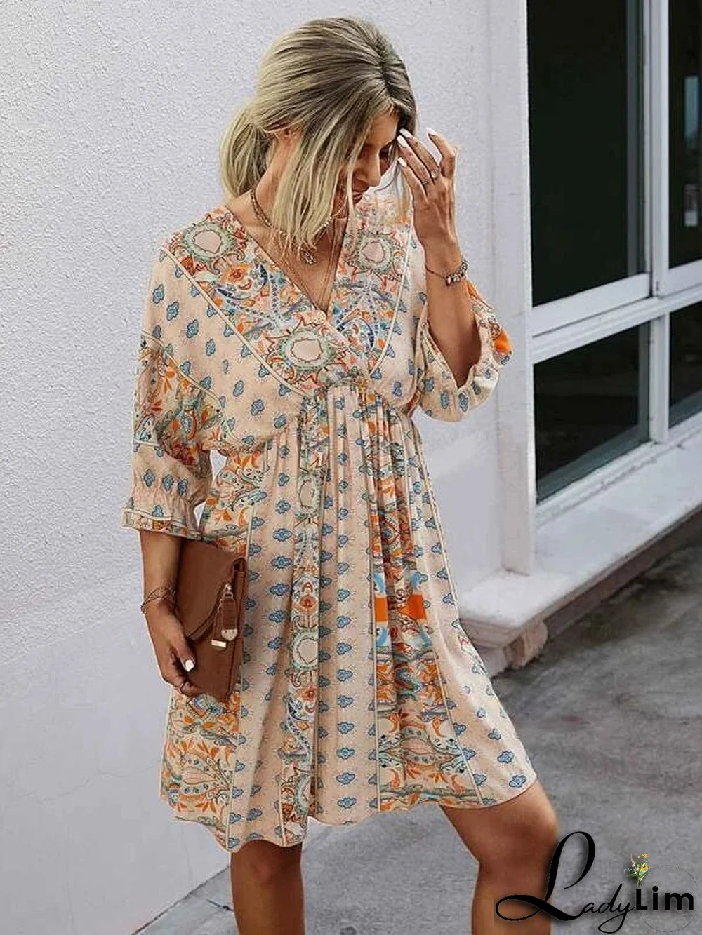 Spring Summer Fashion Print V-Neck Low Back Lace-Up Sexy Short Sleeve Dress