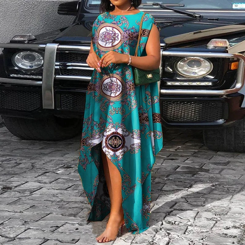 VONDA Bohemian Summer Maxi Dress 2022 Women Vintage Floral Print Satin Dresses Sexy Sleeveless Irregular Hem Vestidos Oversized