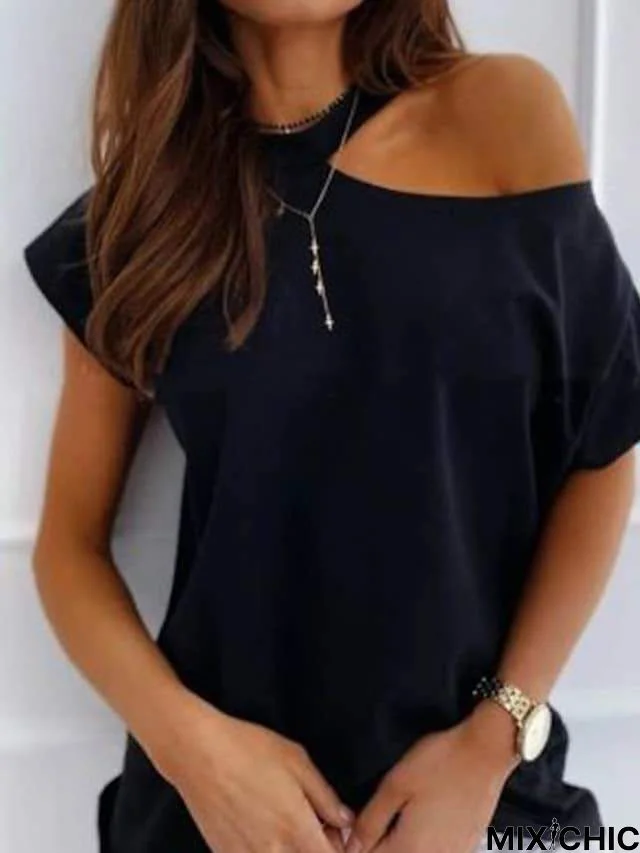 Women's Blouse Shirt Solid Colored One Shoulder Round Neck Tops Basic Top Black Purple Red