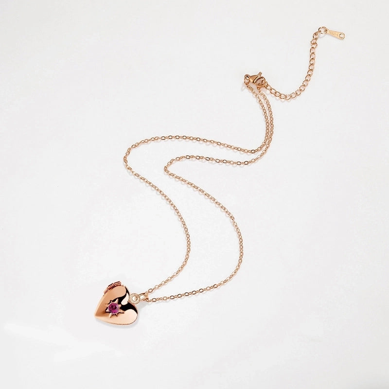 Titanium Steel Copper 18K Gold Plated Rose Gold Plated White Gold Plated Plating Inlay Heart Shape Rhinestones Locket Necklace