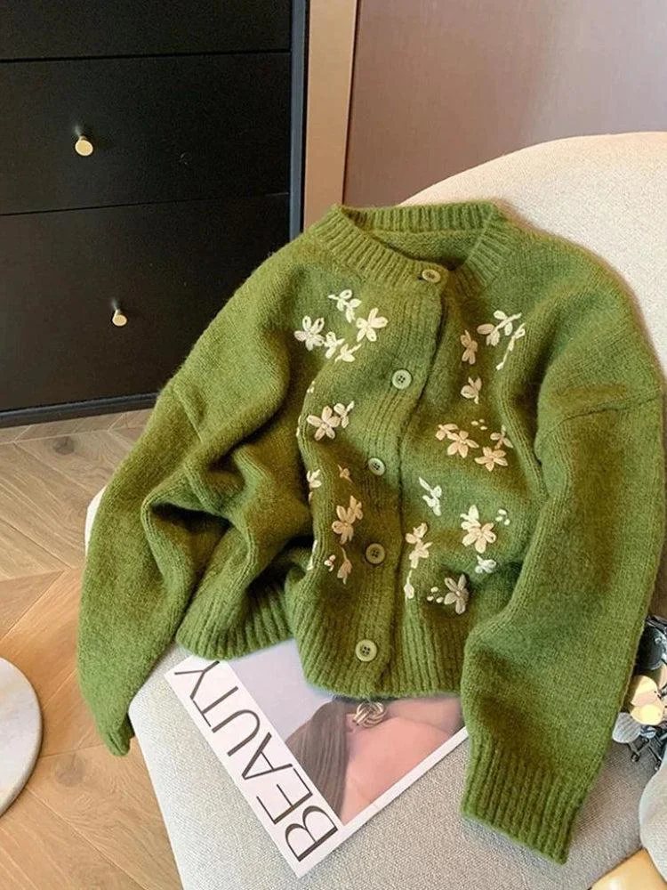 Brownm Daisy Embroidered Knitted Cardigan