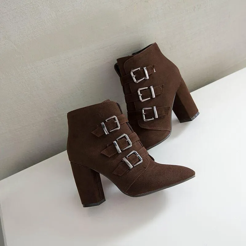 VCSHOES Point Toe Suede Buckle Ankle Boots
