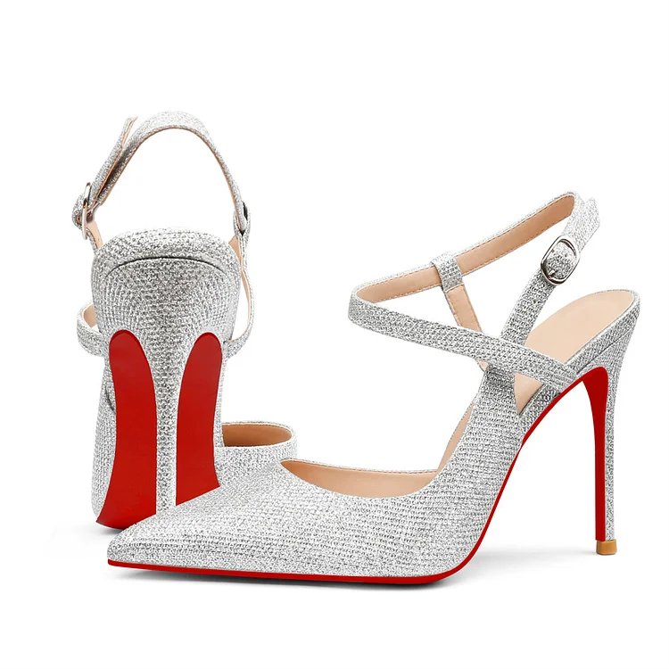 100mm Women Slingback Glitter Pumps Ankle Strap Close Pointed Toe Dress Red Bottoms Shoes VOCOSI VOCOSI